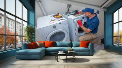 Appliance technician working on a front load washing machine in a laundry room Wall mural