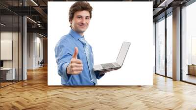 businessman with laptop computer showing his thumbs up Wall mural