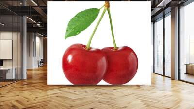 two fresh cherries with stem and leaf Wall mural