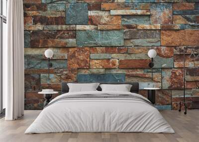 Urban stone wall texture background. teal and orange colors. Wall mural