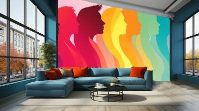 Group of multicultural diversity women and girls face silhouette profile. Female social network community of diverse culture. Business woman. Set template poster. Spectrum rainbow colors Wall mural