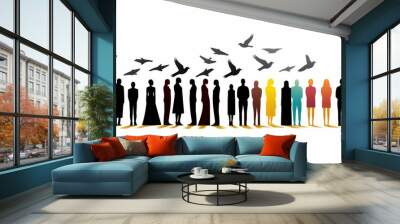 Inclusive social and diversity concept. Vector flat illustration set. Colour icon of exclusion, segregation, integration, inclusuion and unification symbol isolated on white. Human crows silhouette Wall mural