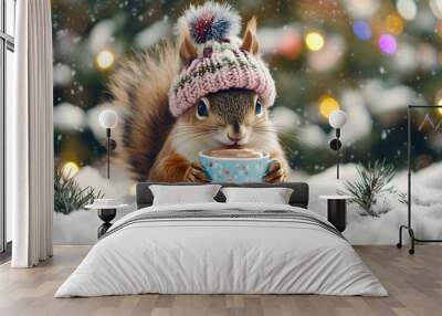 A cheerful cute squirrel in a knitted hat drinks cocoa from a cup against the background of a winter forest with fir trees, snow and colorful lights. Postcard for the New Year holidays Wall mural