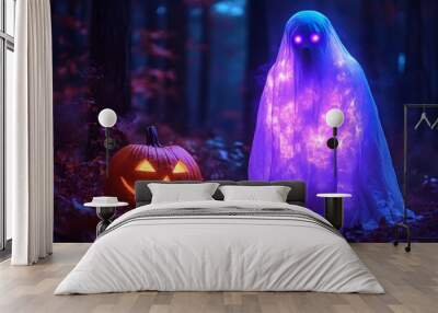 A purple ghost with glowing eyes, wearing a white sheet, stands in the dark forest at night next to an orange pumpkin Wall mural