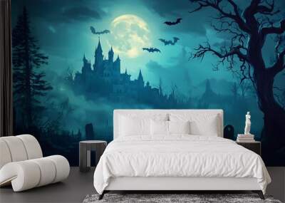 Graveyard to castle In Spooky scary dark Night full moon and bats on dead tree. Holiday event halloween banner background concept Wall mural