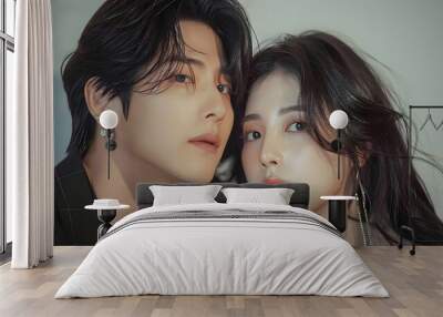 Korean couple like in a Korean drama with a modern man and woman with long beautiful hair Wall mural