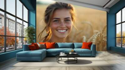 Portrait of beautiful young caucasian woman smiling while standing in field of wheat, natural light, Generative AI Wall mural