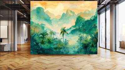 Watercolor pattern wallpaper. Painting of a jungle landscape in retro style, Generative AI Wall mural