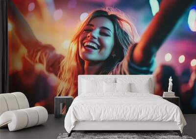 Young happy people are dancing in club. Nightlife and disco concept, Generative AI Wall mural