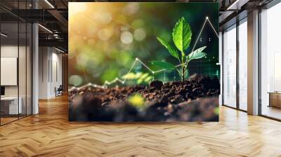 Seedling sprouting from the ground with a financial graph overlay representing profit growth Wall mural