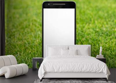 Mobile smart phone mockup with white screen on green grass background. Highly detailed illustration. Wall mural