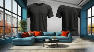 T-shirt mockup. Black blank t-shirt front and back views. male clothes wearing clear attractive apparel tshirt models template | Generative AI Wall mural