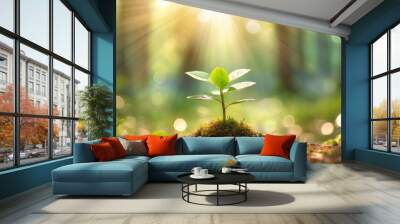 small plant growing out of its from a sunshine forest with the sun shining background; ecology concept and sustainable environment safe ecosystems Wall mural