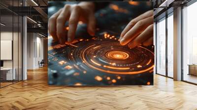 Close-up of a spacecraft maintenance engineerâ€™s hands working on intricate circuitry inside an engine, surrounded by futuristic tools and diagnostic screens Wall mural