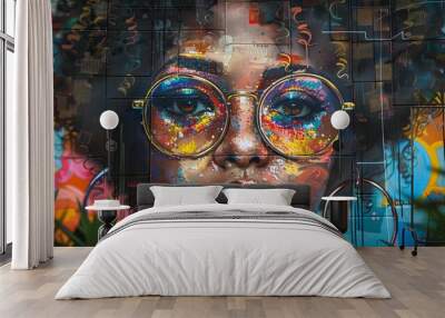 Colorful street art mural of a woman with vibrant glasses reflecting a multicultural urban environment. Wall mural