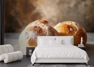 Delicious bread rolls on a marble counter top. Wall mural