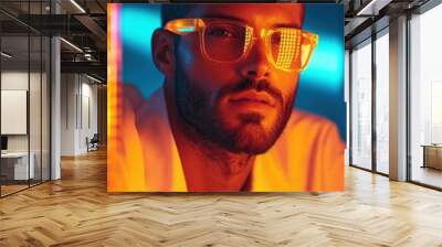 Stylish man in vibrant orange and blue lighting wearing reflective glasses. Wall mural