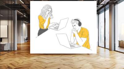 hand drawn man and woman working with laptop illustration Wall mural