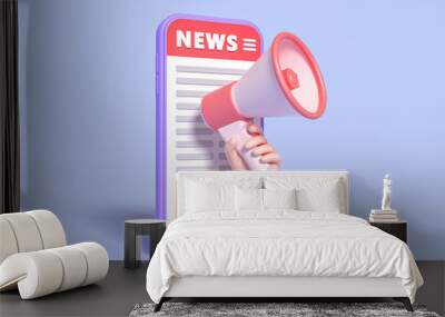 News information alert from hand with мan megaphone or loudspeaker on a phone. Flat cartoon announce notification banner sign on a blue background. 3d render Wall mural