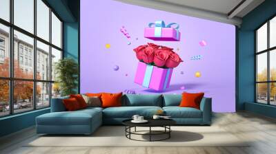 Open gift box with rose flowers, minimal surprise package on purple background. Celebration metaphor, revealing the concept of women's holiday and gifts for the anniversary. 3d render Wall mural