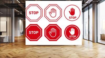 Stop signs set. red traffic car stop hand signal warning symbol. Don't enter forbidden sticker. ad block sign. Wall mural