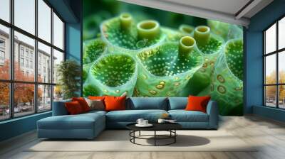 Close up of green plant covered in bubbles, macro natural wallpaper background Wall mural