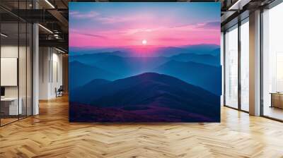 Majestic sunrise over tranquil mountain ranges promoting spiritual inner harmony at dawn in a serene natural landscape Wall mural