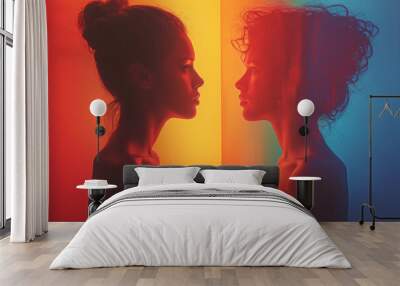 Two women silhouetted against a backdrop of red and blue light, face each other in profile, equality, soulmate, kindred spirits, diversity and duality concept Wall mural