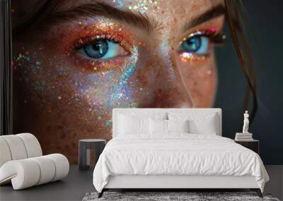 White model showcases dazzling beauty makeup with vibrant glitter accents enhancing her features, highlighting stunning blue eyes and a radiant smile Wall mural