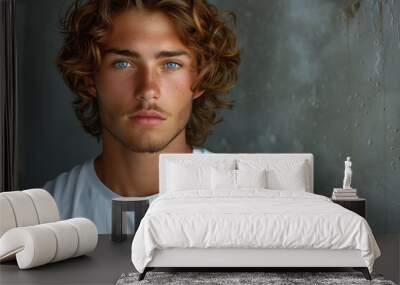 Young man with curly hair in white t-shirt with serious face stands against concrete wall, close up Wall mural