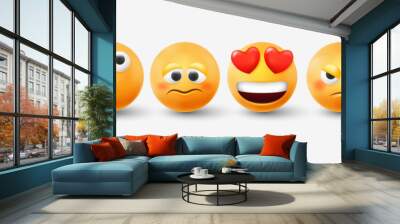 3d emoticon, expression emoji, yellow round funny smiles. Romantic and surprise balls with eyes and mouth, joy heart render, happy smiling faces, good mood. Vector illustration isolated objects Wall mural