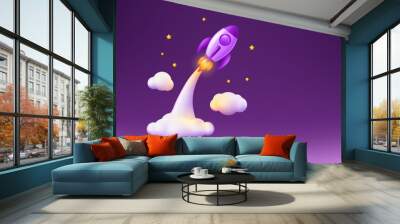 3d rocket launch. Space start, business startup idea web banner template, ship in sky, bitcoin or science education shuttle, innovation product. Vector render illustration background Wall mural