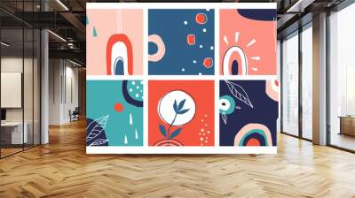 Abstract doodle posters. Free hand curved shapes of trendy colors, modern pastel simple elements, leaves and flowers. Social media posts background collection vector contemporary square banner design Wall mural