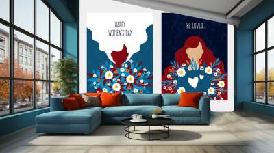 Abstract woman poster. Greeting cards for Woman's Day. Minimal young female silhouettes, cute girls with long loose hair holding flower bouquets. Flat style colorful banners set, vector modern collage Wall mural