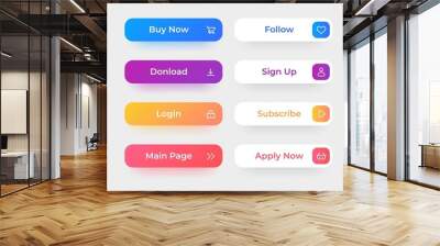 Action button. Website and application interface elements. Buy now share follow click and sign up web UI graphic icons. Modern game digital border with lettering. Vector app symbols set Wall mural
