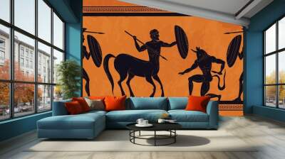 Ancient Greece scene. Historic mythology silhouettes with gods and centaurs, figures and pattern for ancient amphora. Vector mythological image art ancients amphoras ornaments Wall mural