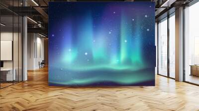 Aurora Borealis background. Arctic and Antarctic polar night sky with stars and glowing Northern light. Vibrant green blue and purple gradient magic effect. Vector winter night illustration Wall mural