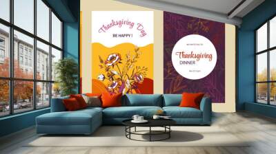 Autumn cards, happy dinner posters, fall orange harvest with leaves, family holiday, flower decor, festival banner template, floral frames. Thanksgiving day vector graphic illustration Wall mural