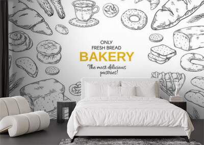 Bakery frame. Hand drawn bread and cookies banner for menu, sweet pies and cakes doodle design template. Vector vintage bakery set Wall mural