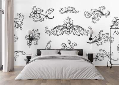 baroque ornament. vintage floral border elements, engraved leaves and frame filigree arabesque. vect Wall mural