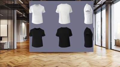 black and white blank t-shirt mockup. front, back and side view, sport short sleeve empty print, bla Wall mural