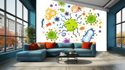 Cartoon bacteria. Virus infection, flu germs and micro organism in circle, cancer cells and epidemic disease bacterias. Vector set isolated illustration bacteria cell on white background Wall mural