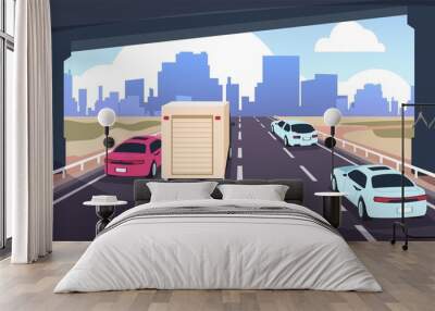 Cartoon highway traffic. Road to city with cars, nature landscape and skyline, travel and logistic concept. Vector illustrations panoramic view silhouette modern scene urban skyscrapers Wall mural