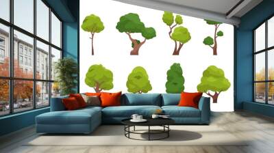 Cartoon tree. Simple flat forest flora, coniferous and deciduous meadow trees, oak pine Christmas tree isolated plants. Vector set illustration agricultural garden and nature park plant Wall mural