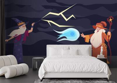 Cartoon wizard fight. Magic duel. Male characters in robes costume and hats with silver beard making mystery spells. Using wand and stick. Witchcraft competition scene. Vector illustration Wall mural