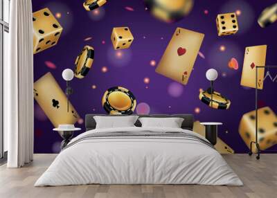 casino background. golden poker chips. black playing cards. throw gambling dices. falling money in g Wall mural