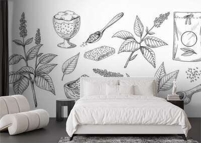 Chia seed sketch. Hand drawn plants with flowers. Vegetarian superfood concept in sack and pile. Culinary botanical ingredient for desserts and cookies. Vector organic grains engraving set Wall mural