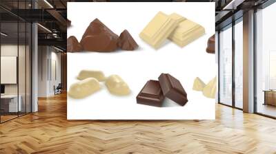 Chocolate pieces. Realistic dark white and milk chocolate bars and candies, chunk of cocoa dessert and square chocolate candy. Vector set sweet cubes pieces dessert cacao eating Wall mural