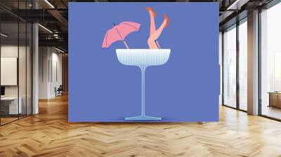 Cocktail glass. Vintage martini retro poster. Night beach club. Tropical party fun. Alcohol beverage. Summer pool flyer. Woman body. Female sexy legs and umbrella. Vector abstract design Wall mural