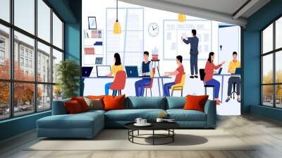 Coworking. Cartoon men and women working together with laptop. Freelance and teamwork in modern open space office in city, people communication and business process. Vector workplace flat illustration Wall mural